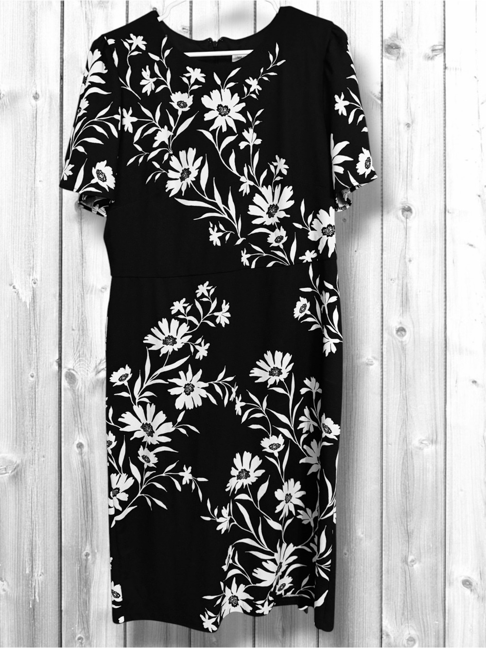 🌼Liz Claiborne Black & White Floral Short-Sleeve Sheath Dress-NEW